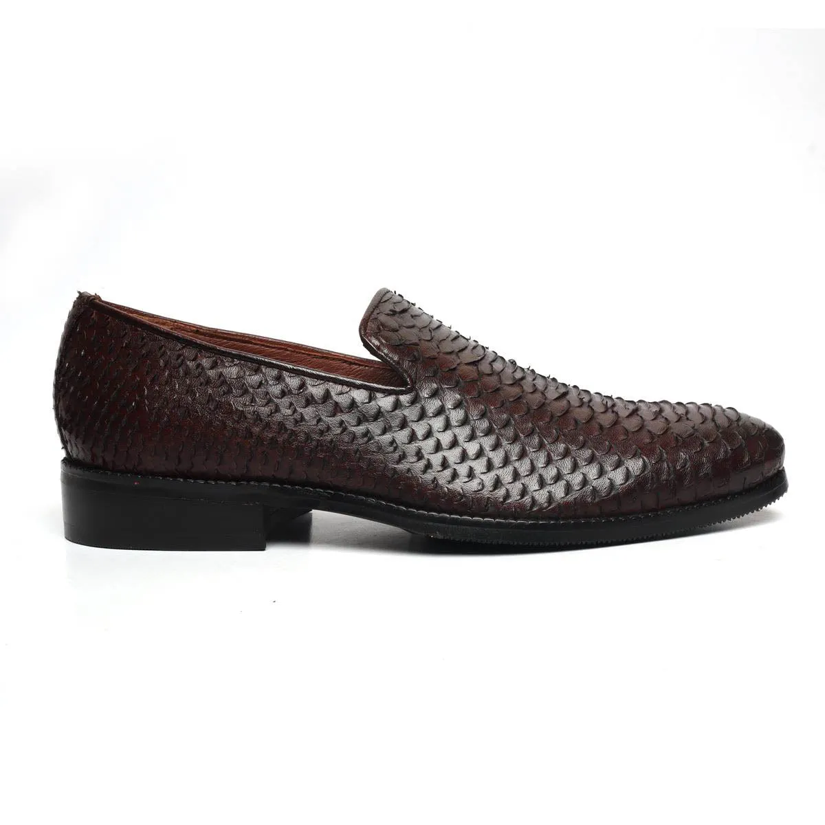 Brown Snake Scale Textured Leather Slip-on by BARESKIN