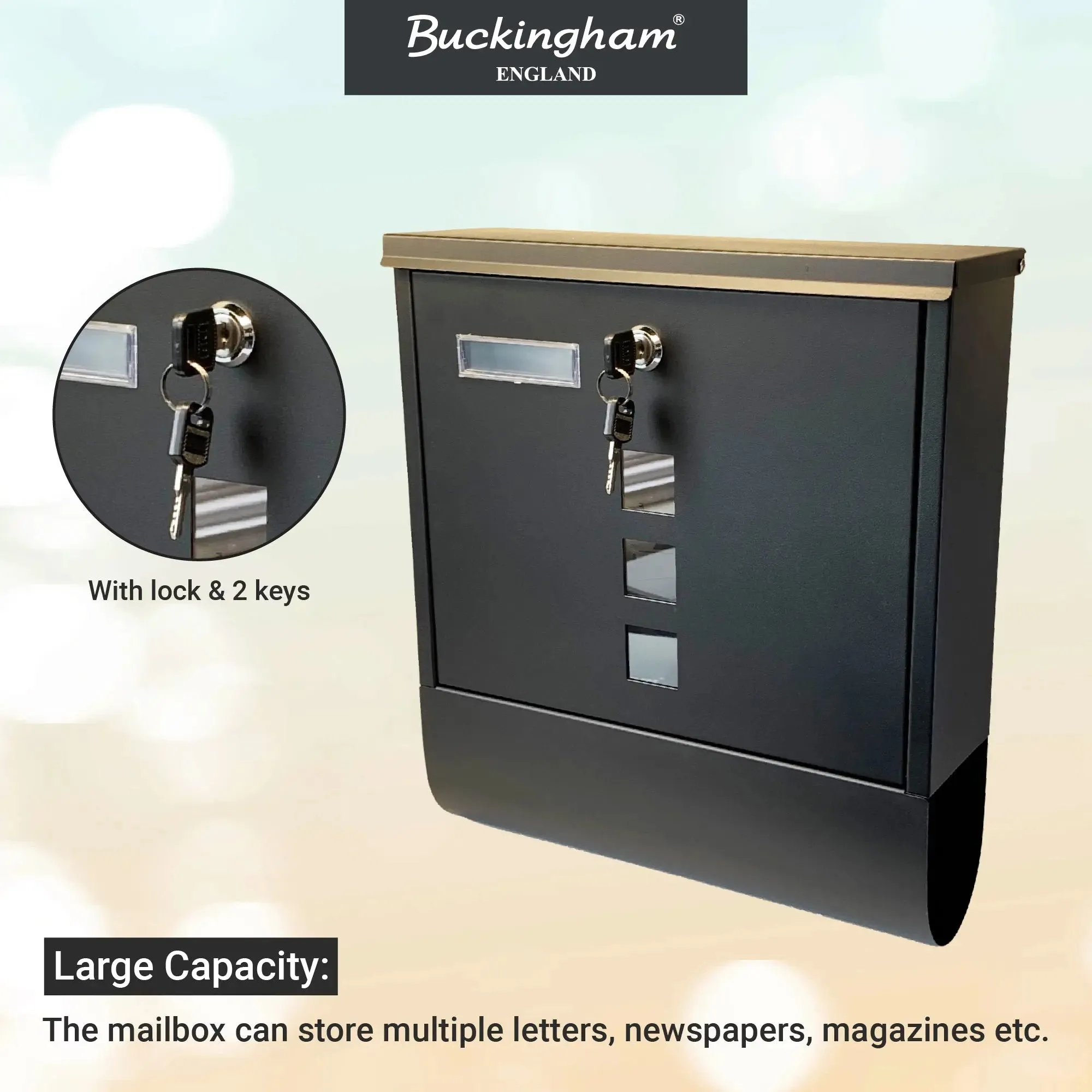 Buckingham Wall Mounted Large Steel Lockable Mail Box Post Letter Box Newspaper Slot Premium , Black