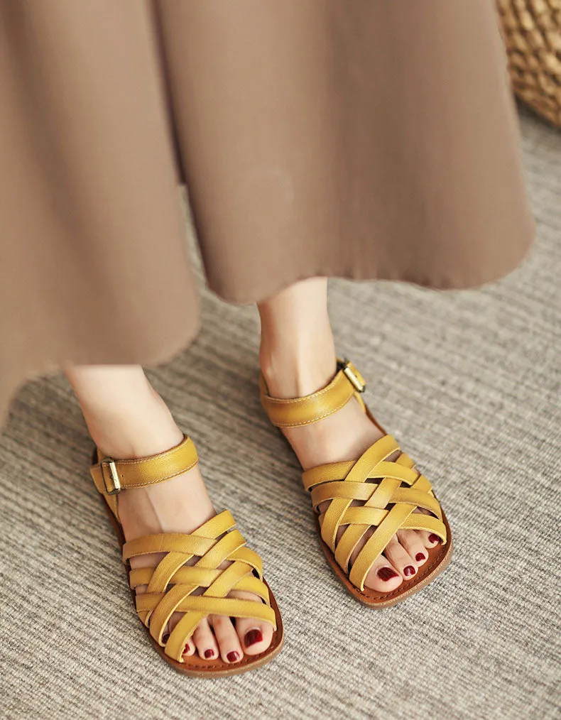 [Clearance] Comfortable Soft Leather Strap Flat Sandals Slingback (40)