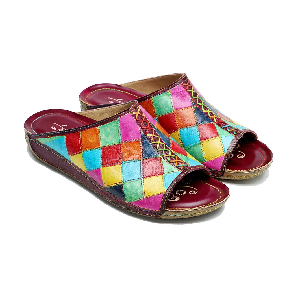 Genuine Leather Hand-polished Retro Contrasting Color Plaid Comfortable Flat-bottomed Slippers