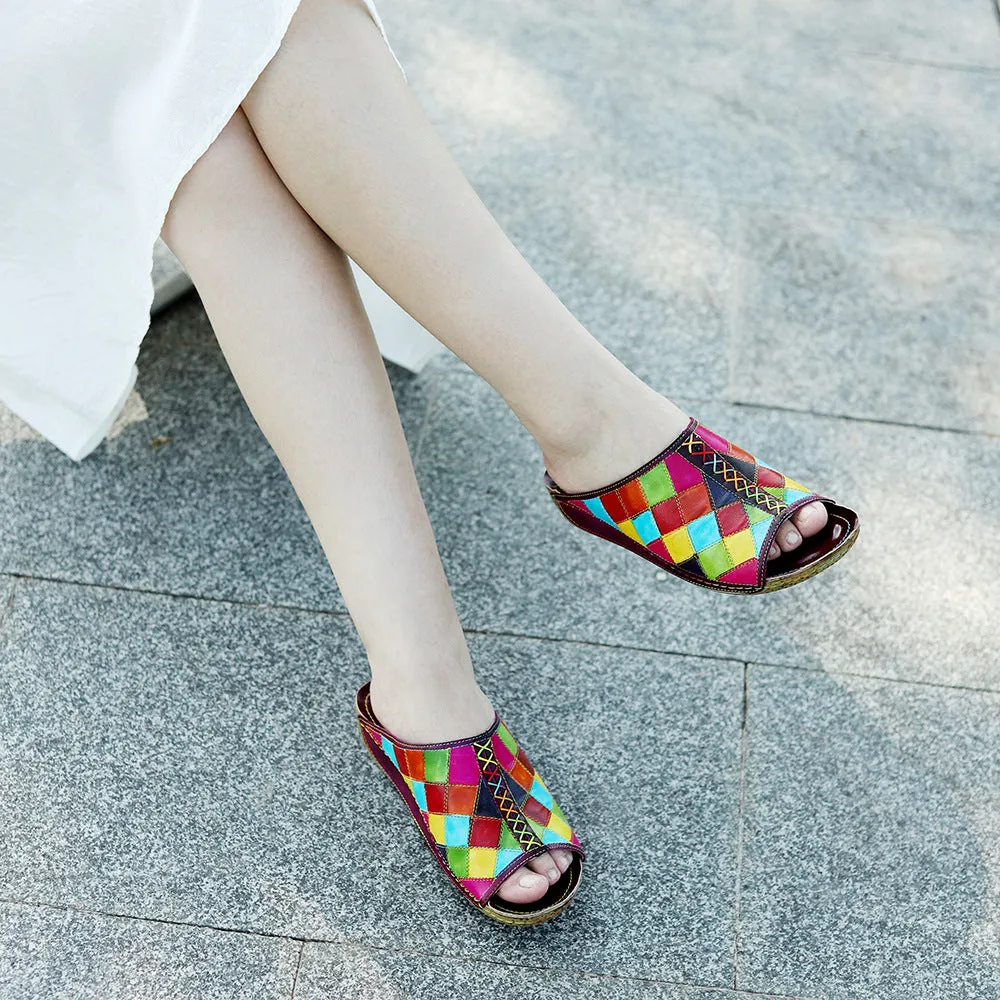 Genuine Leather Hand-polished Retro Contrasting Color Plaid Comfortable Flat-bottomed Slippers