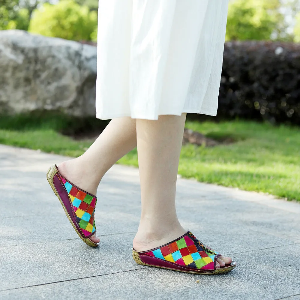 Genuine Leather Hand-polished Retro Contrasting Color Plaid Comfortable Flat-bottomed Slippers