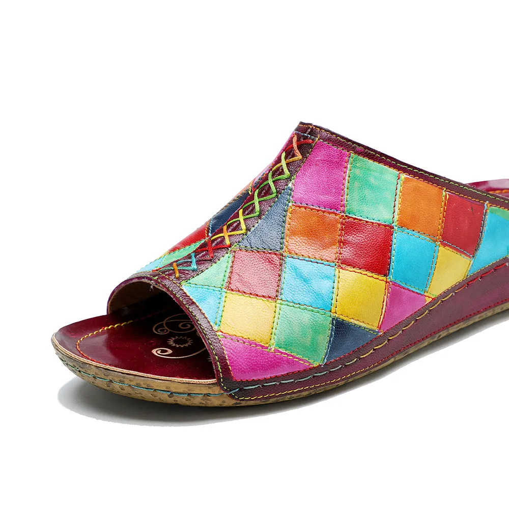 Genuine Leather Hand-polished Retro Contrasting Color Plaid Comfortable Flat-bottomed Slippers