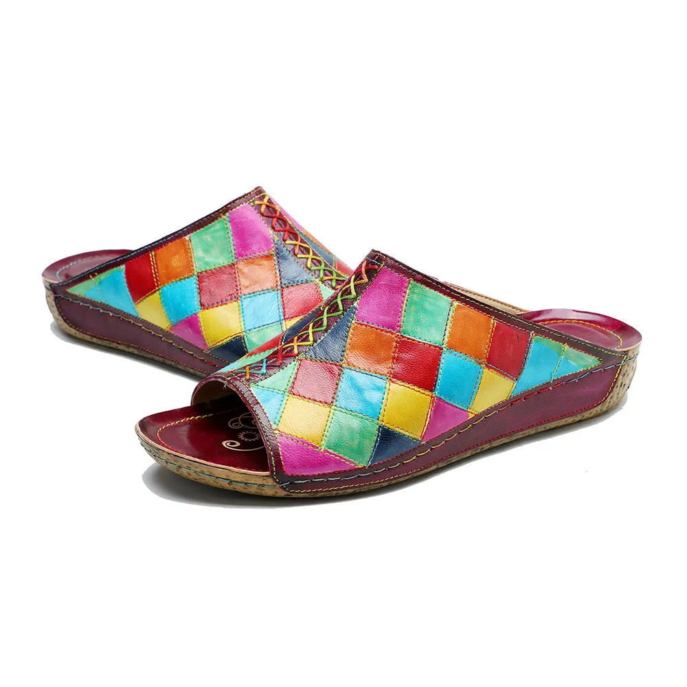 Genuine Leather Hand-polished Retro Contrasting Color Plaid Comfortable Flat-bottomed Slippers
