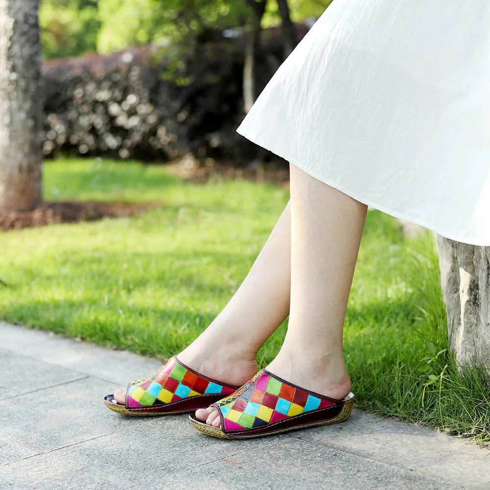 Genuine Leather Hand-polished Retro Contrasting Color Plaid Comfortable Flat-bottomed Slippers