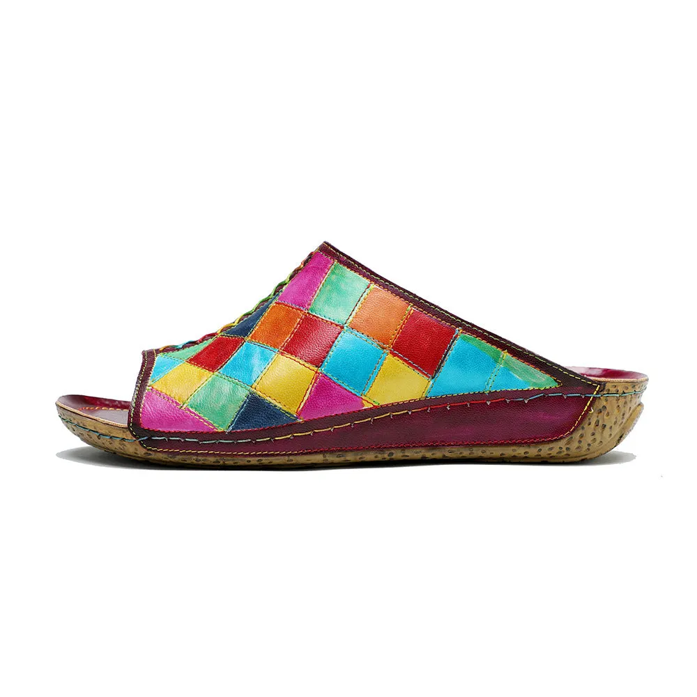 Genuine Leather Hand-polished Retro Contrasting Color Plaid Comfortable Flat-bottomed Slippers