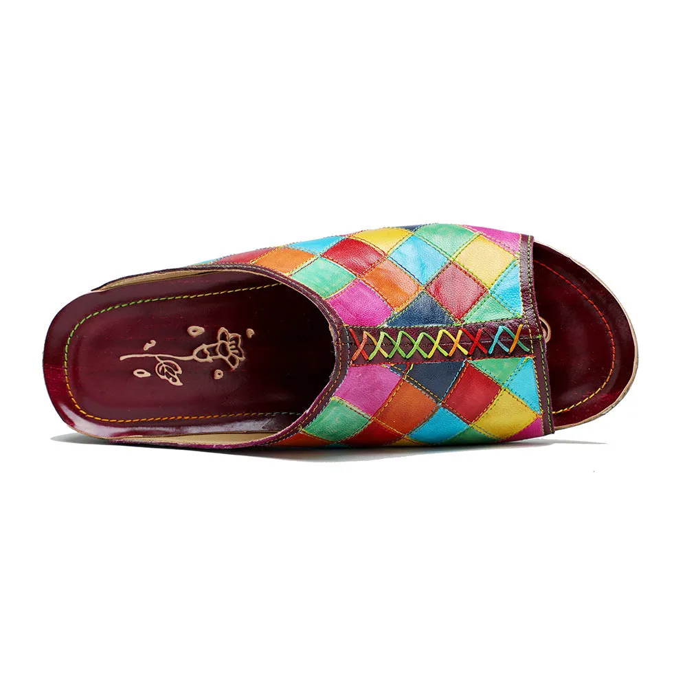 Genuine Leather Hand-polished Retro Contrasting Color Plaid Comfortable Flat-bottomed Slippers