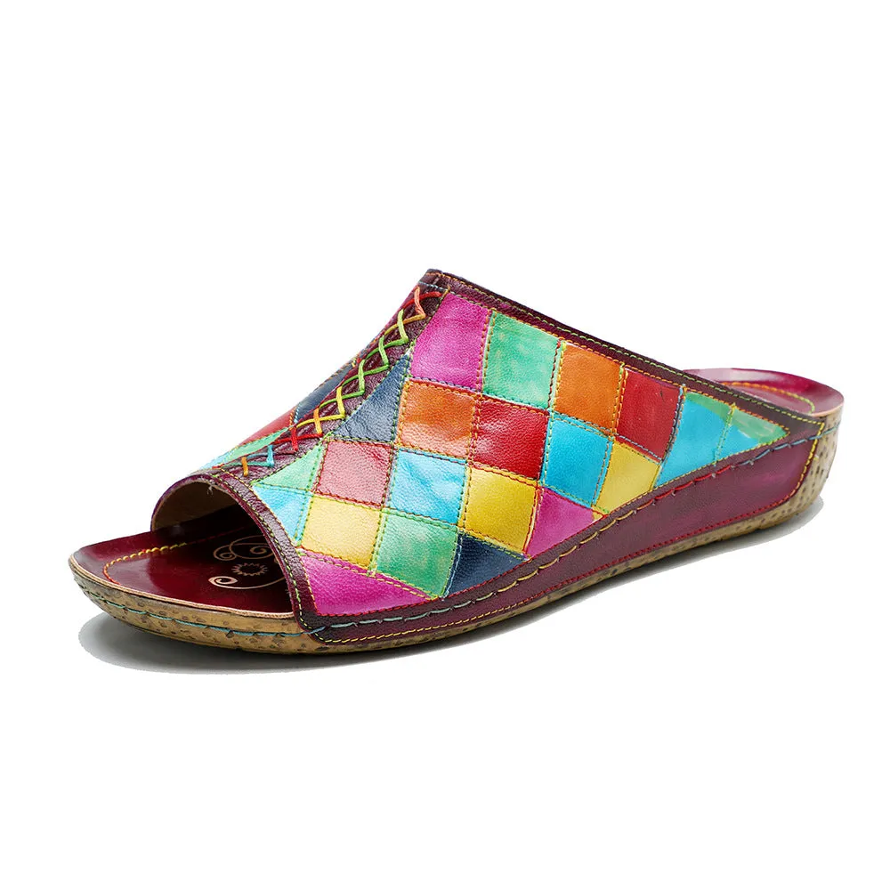 Genuine Leather Hand-polished Retro Contrasting Color Plaid Comfortable Flat-bottomed Slippers
