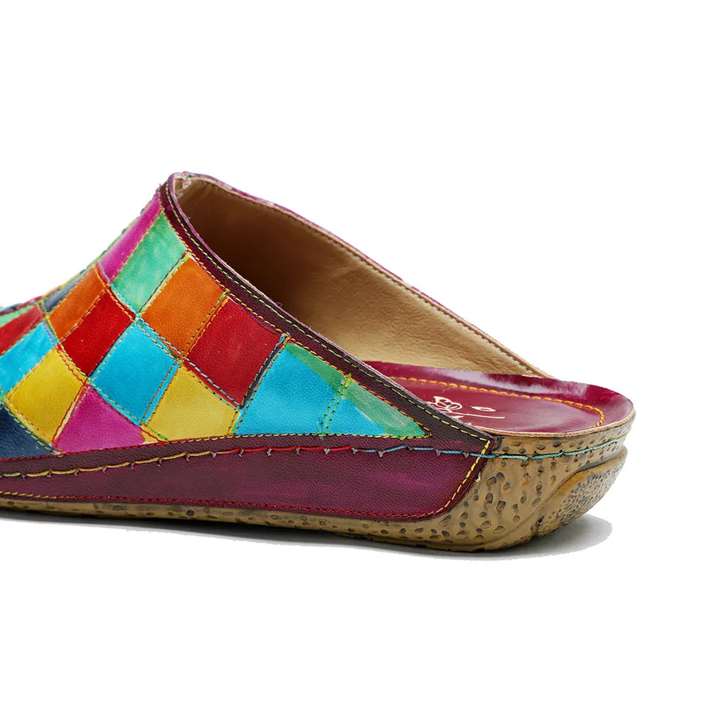 Genuine Leather Hand-polished Retro Contrasting Color Plaid Comfortable Flat-bottomed Slippers