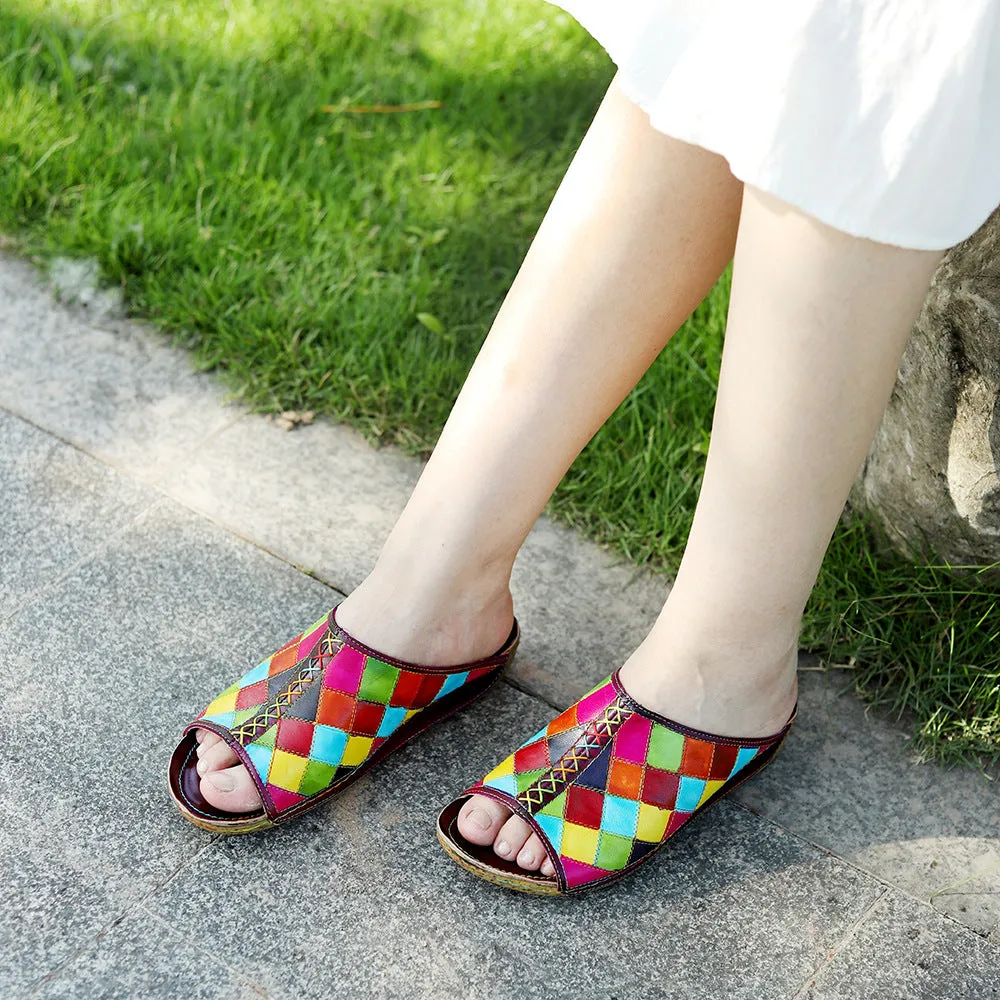 Genuine Leather Hand-polished Retro Contrasting Color Plaid Comfortable Flat-bottomed Slippers