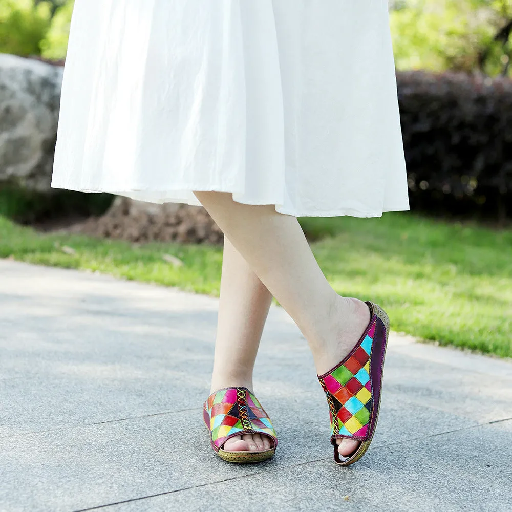 Genuine Leather Hand-polished Retro Contrasting Color Plaid Comfortable Flat-bottomed Slippers