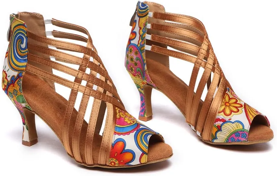 HIPPOSEUS Women Peep Toe Latin Dance Shoes with Zipper Salsa Bachata Ballroom Ankle Dance Shoes,Model L569