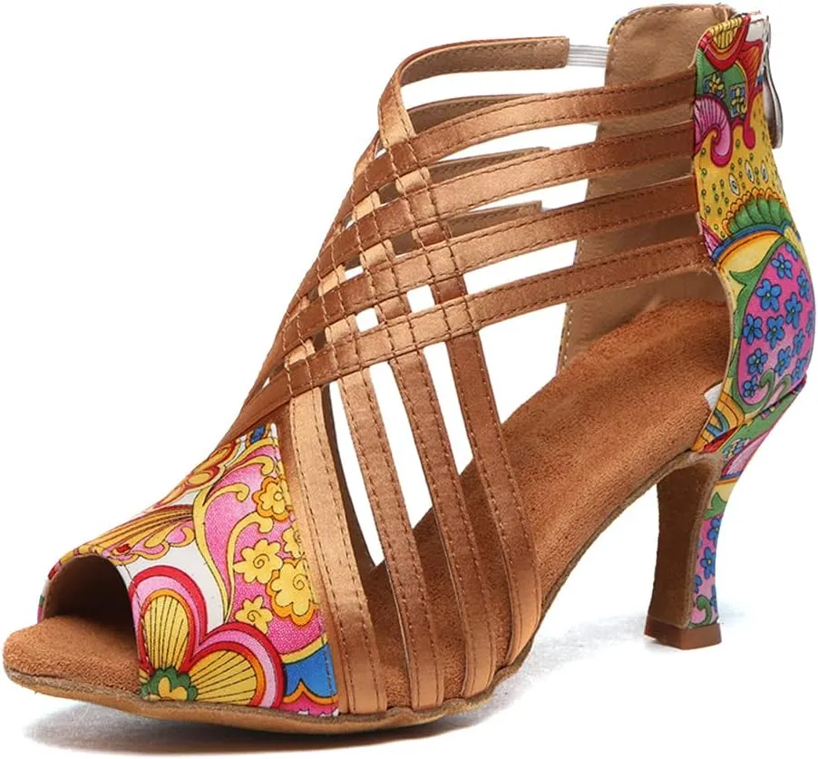 HIPPOSEUS Women Peep Toe Latin Dance Shoes with Zipper Salsa Bachata Ballroom Ankle Dance Shoes,Model L569
