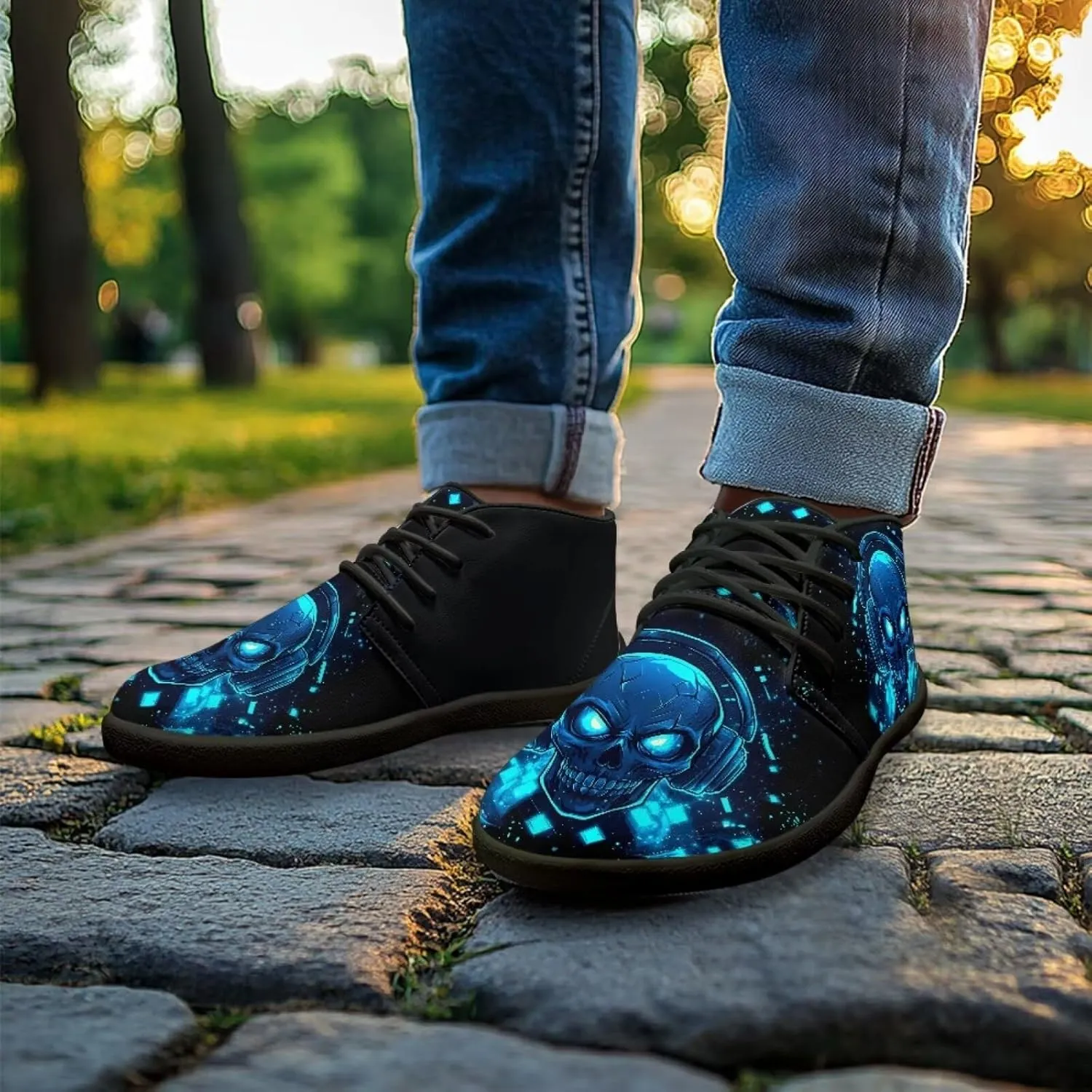 Jeiento Men's Gothic Skull Walking Shoes Wide Toe Barefoot Shoes Zero Drop Casual Sneakers