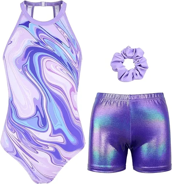 Lavender Line Open Back Gymnastics Leotard Outfit Set