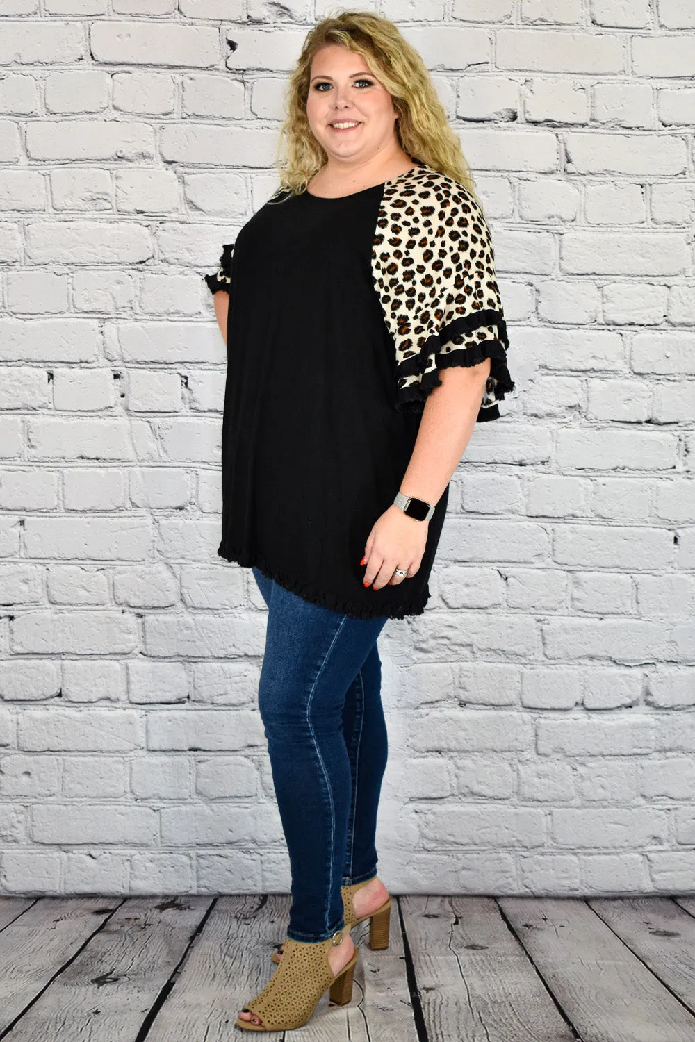Linen Tunic Top with Animal Print Layered Bell Sleeves in Plus Size by Umgee Clothing