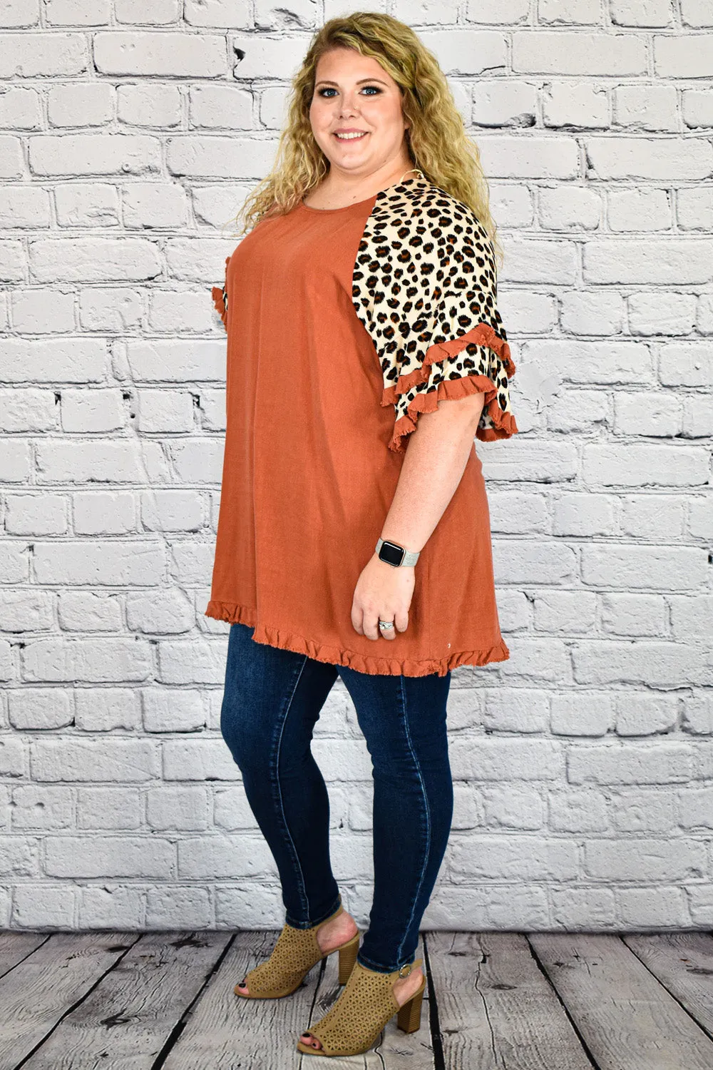 Linen Tunic Top with Animal Print Layered Bell Sleeves in Plus Size by Umgee Clothing