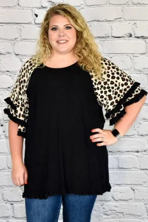 Linen Tunic Top with Animal Print Layered Bell Sleeves in Plus Size by Umgee Clothing