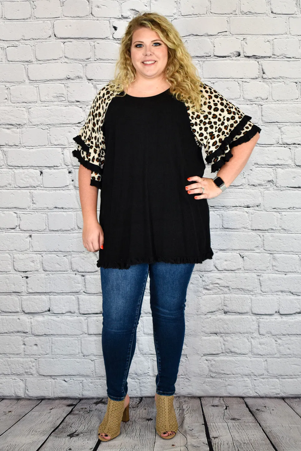 Linen Tunic Top with Animal Print Layered Bell Sleeves in Plus Size by Umgee Clothing