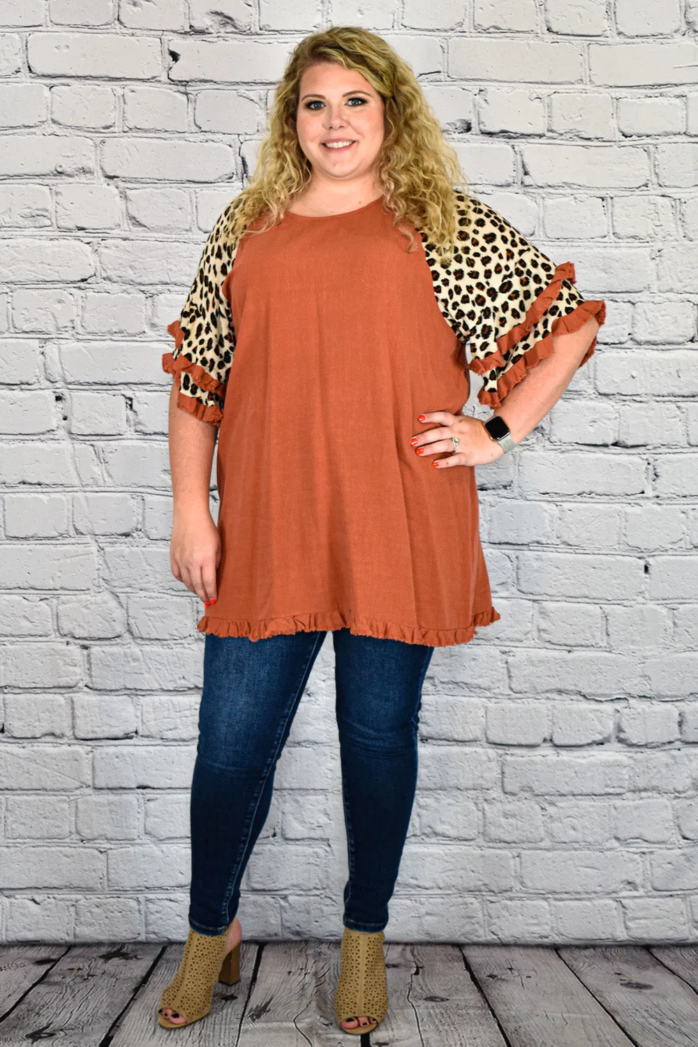Linen Tunic Top with Animal Print Layered Bell Sleeves in Plus Size by Umgee Clothing