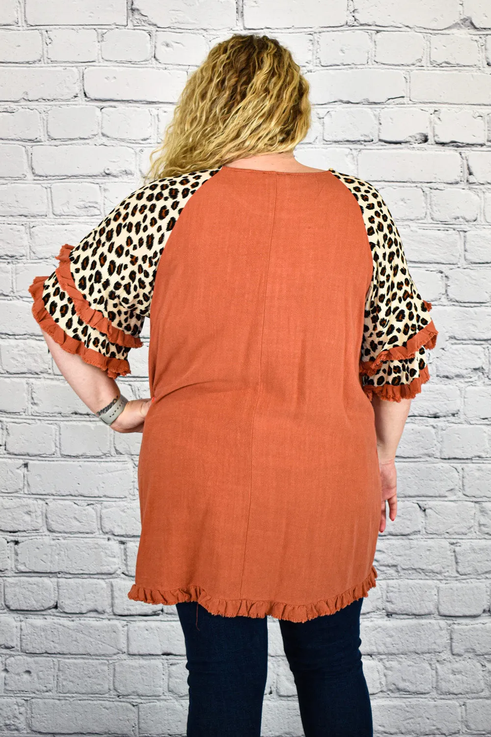 Linen Tunic Top with Animal Print Layered Bell Sleeves in Plus Size by Umgee Clothing
