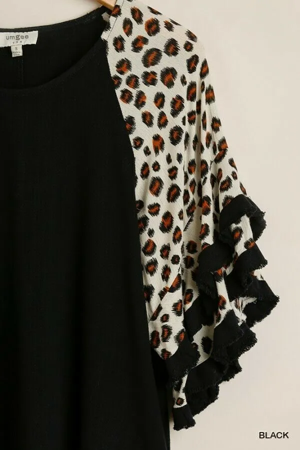 Linen Tunic Top with Animal Print Layered Bell Sleeves in Plus Size by Umgee Clothing