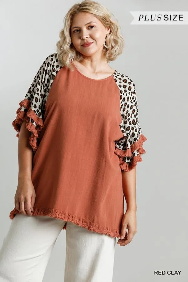 Linen Tunic Top with Animal Print Layered Bell Sleeves in Plus Size by Umgee Clothing