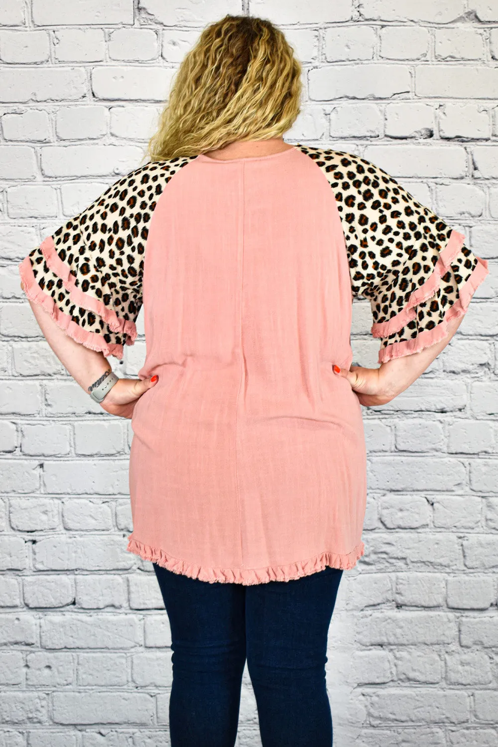 Linen Tunic Top with Animal Print Layered Bell Sleeves in Plus Size by Umgee Clothing