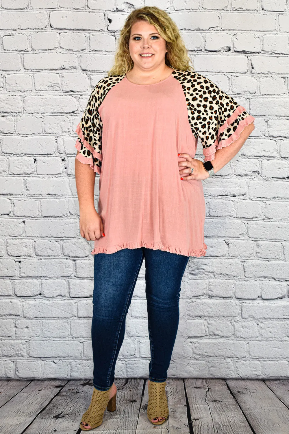 Linen Tunic Top with Animal Print Layered Bell Sleeves in Plus Size by Umgee Clothing
