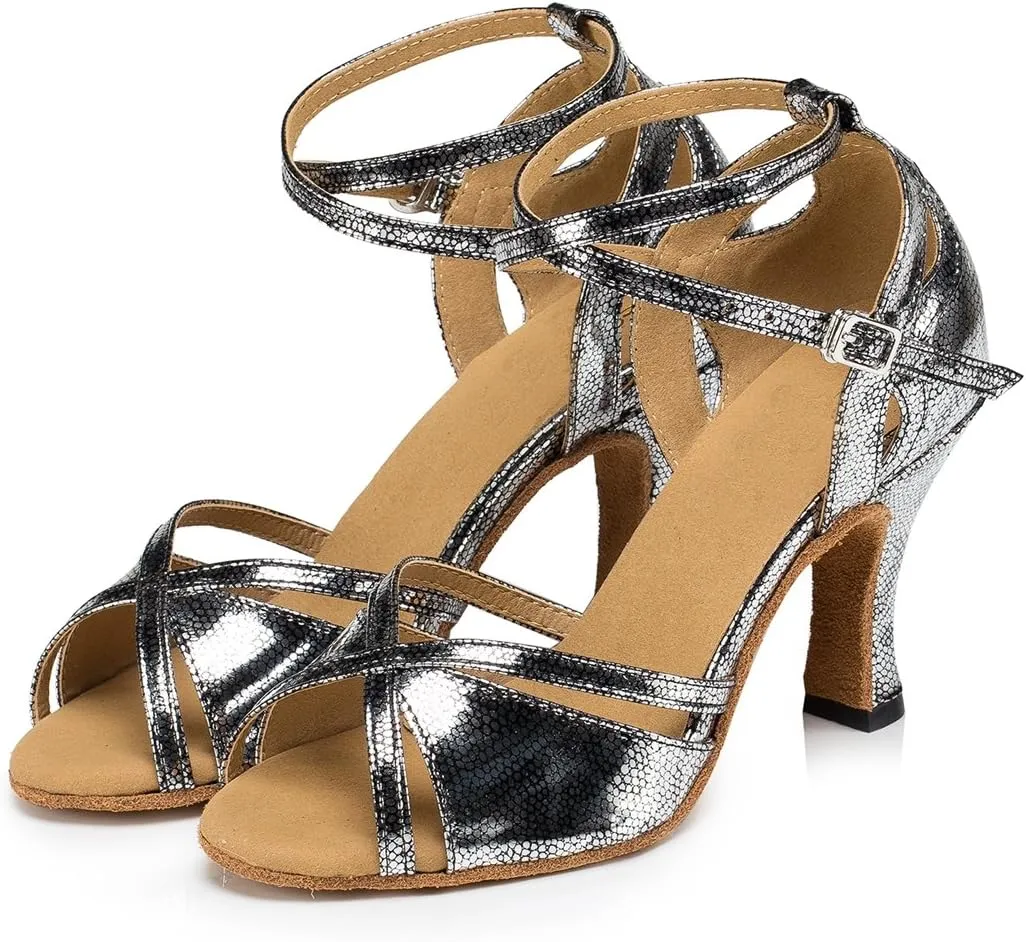 Minishion L202 Women's Flare Heel PU Leather Latin Salsa Ballroom Dance Shoes