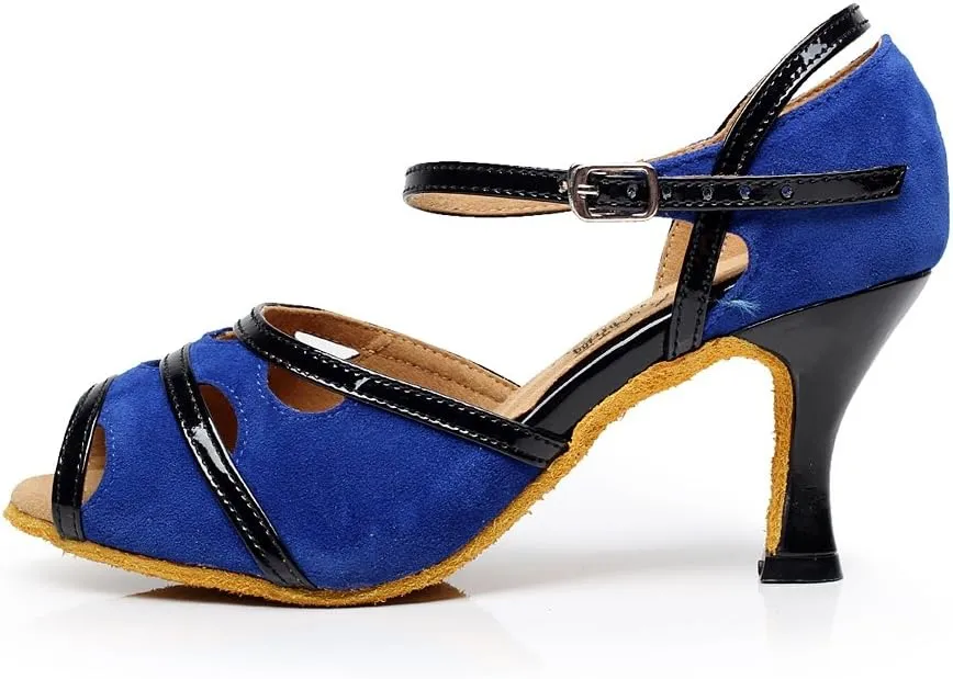 Minishion QJ6226 Women's Color Block Satin Latin Salsa Dance Shoes