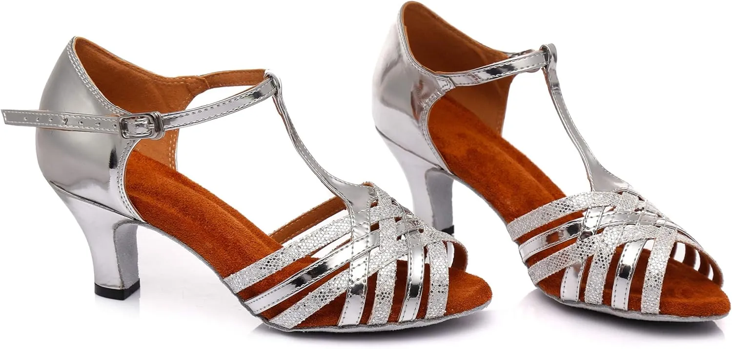 Minishion Women's Latin Salsa T-Strap Low Heel Glitter Social Dance Shoes Wedding Sandals