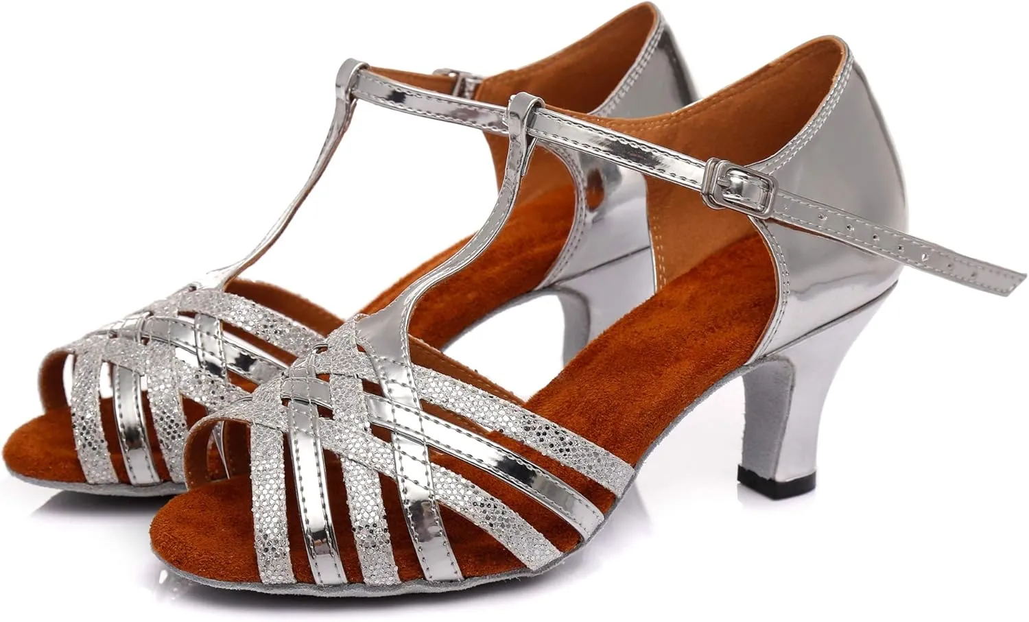 Minishion Women's Latin Salsa T-Strap Low Heel Glitter Social Dance Shoes Wedding Sandals