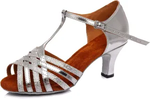 Minishion Women's Latin Salsa T-Strap Low Heel Glitter Social Dance Shoes Wedding Sandals