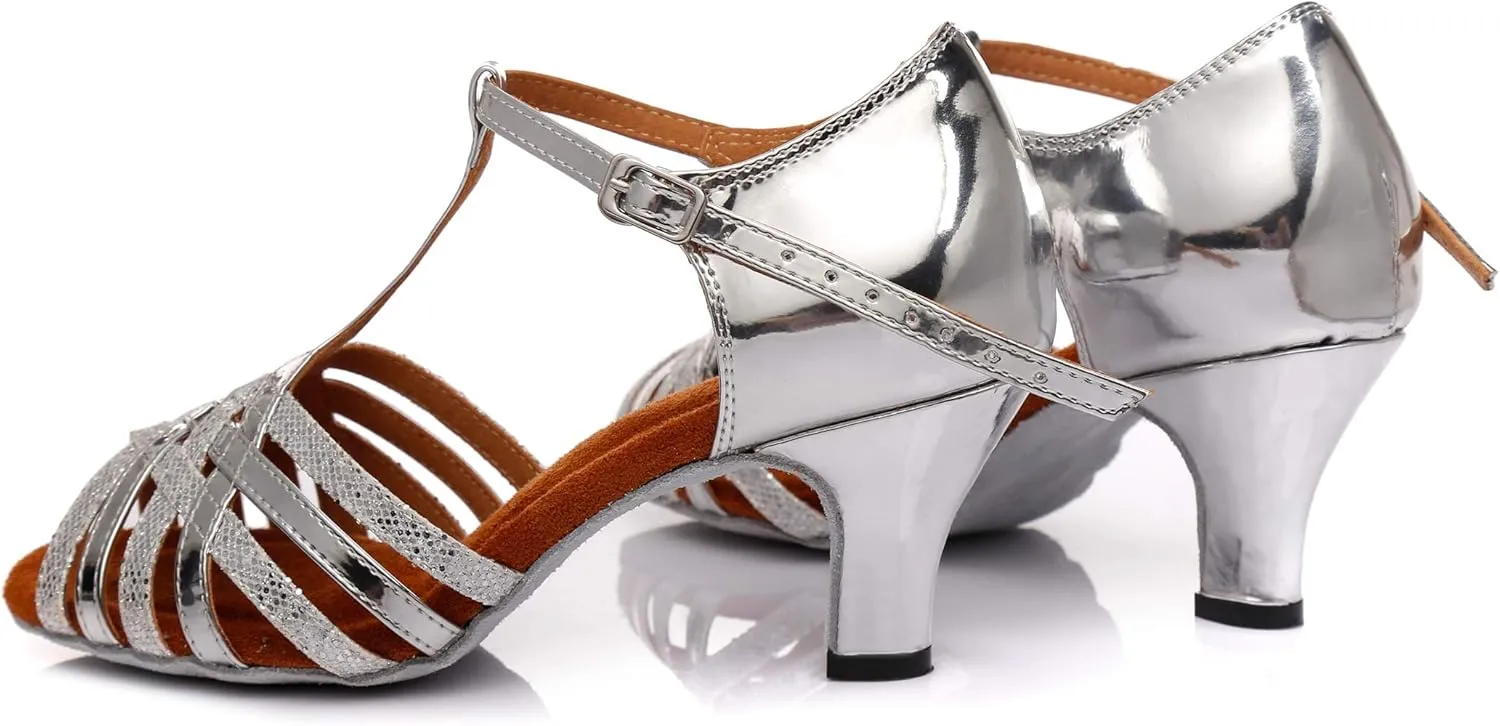Minishion Women's Latin Salsa T-Strap Low Heel Glitter Social Dance Shoes Wedding Sandals