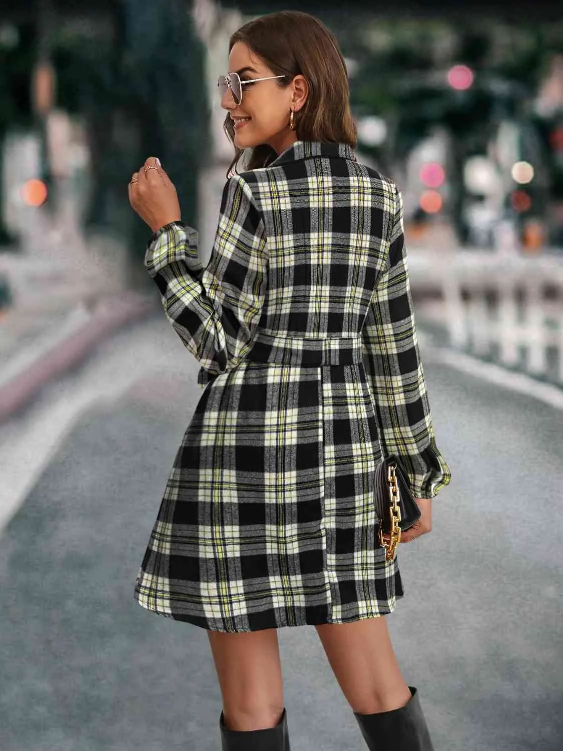 Plaid Tie Front Collared Neck Long Sleeve Dress | Casual Buttoned Tied Dress
