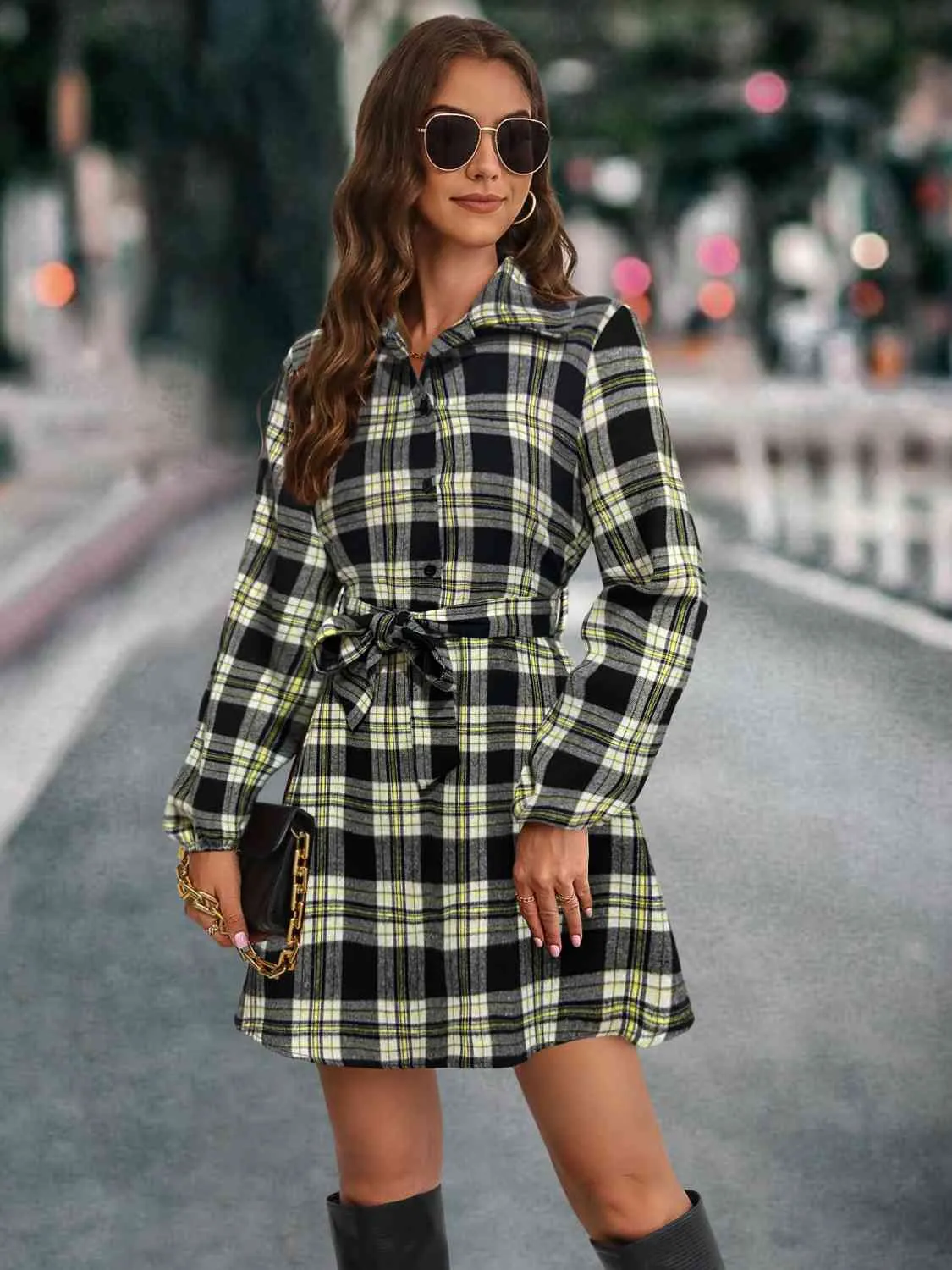 Plaid Tie Front Collared Neck Long Sleeve Dress | Casual Buttoned Tied Dress