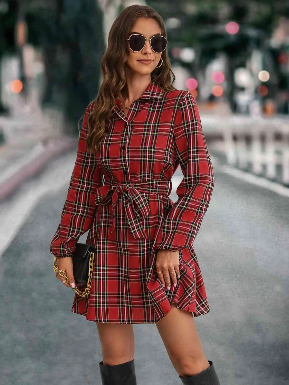 Plaid Tie Front Collared Neck Long Sleeve Dress | Casual Buttoned Tied Dress