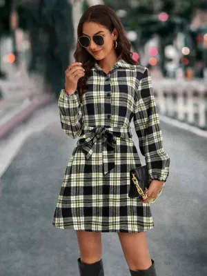 Plaid Tie Front Collared Neck Long Sleeve Dress | Casual Buttoned Tied Dress