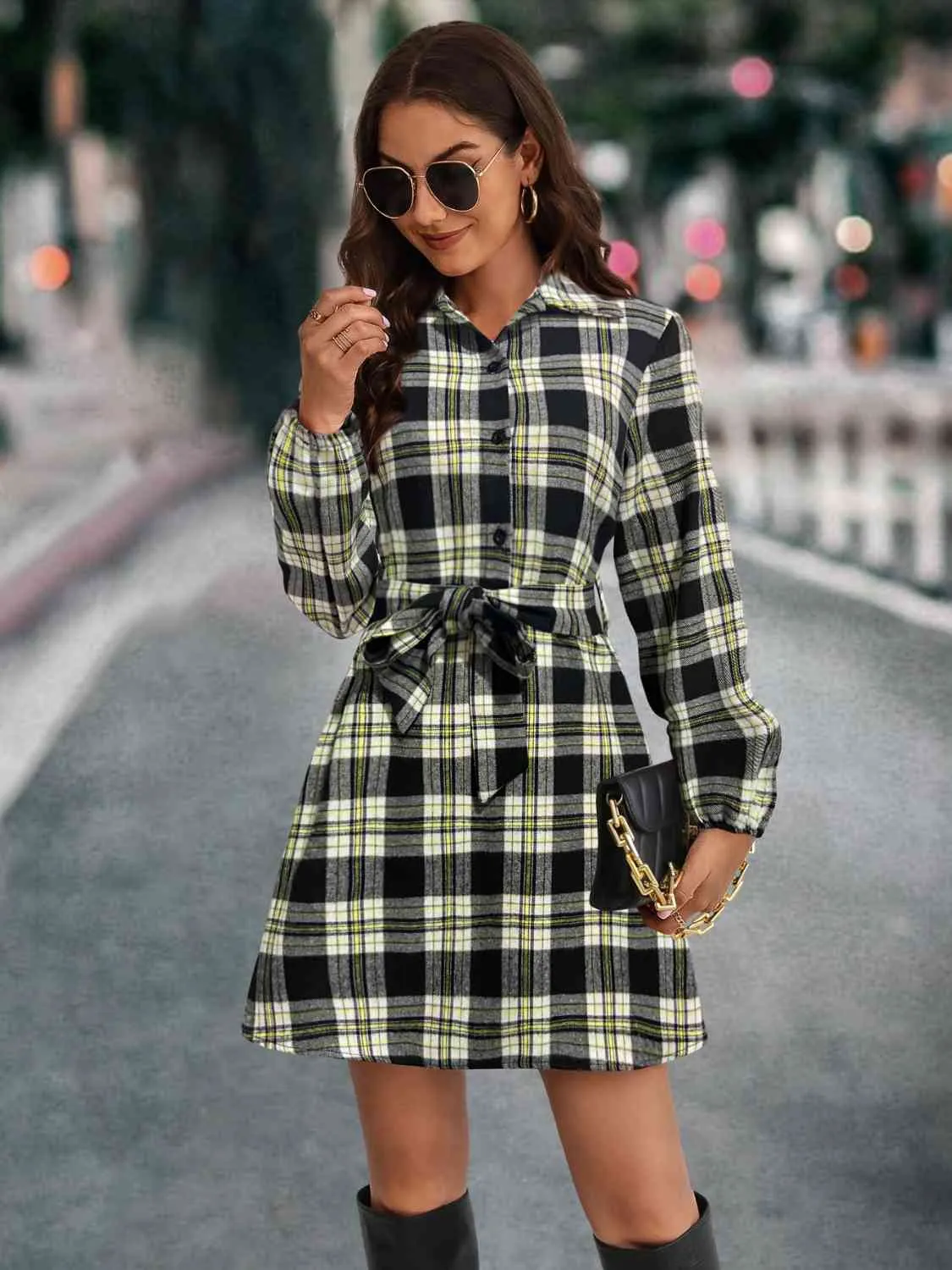 Plaid Tie Front Collared Neck Long Sleeve Dress | Casual Buttoned Tied Dress