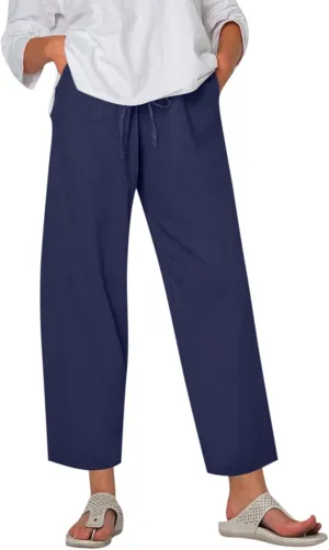 Plus Size Pants for Women Summer Drawstring High Waist Straight Leg Slacks Solid Color Travel Trousers with Pockets