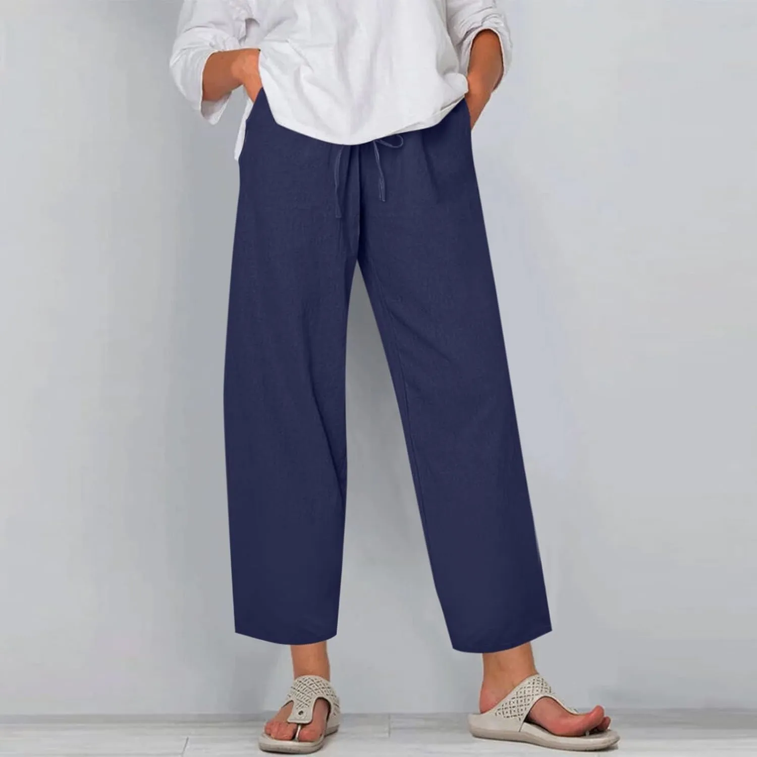 Plus Size Pants for Women Summer Drawstring High Waist Straight Leg Slacks Solid Color Travel Trousers with Pockets