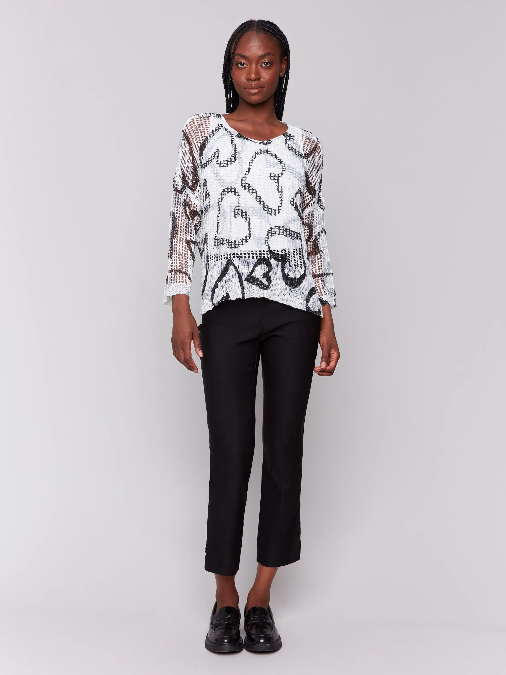 Printed Fishnet Crochet Sweater - Hearts