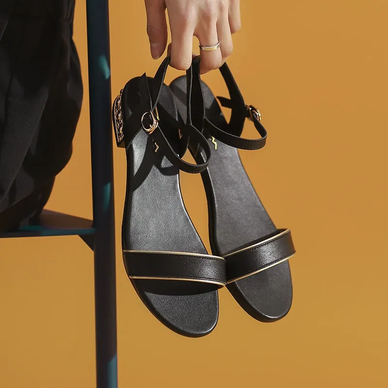 Purpdrank - Women Genuine Leather Sandals Low Heel Buckle Strap Ladies Open Toe Black Beige Metal Decoration Summer Female Shoes SmallHut