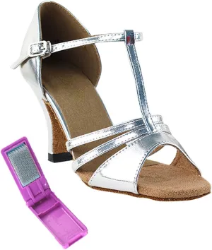 Very Fine Dance Shoes - Ladies Latin, Rhythm, Salsa Ballroom Dance Shoes - 1683-2.5-inch Heel and Foldable Brush Bundle - Silver Leather - 4.5
