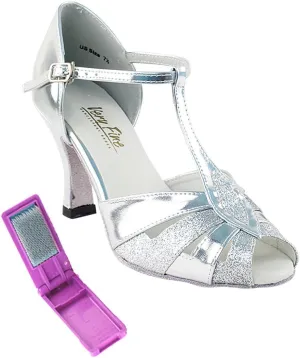 Very Fine Dance Shoes - Ladies Latin, Rhythm, Salsa, Waltz Ballroom Dance Shoes - 2702-2.5-inch Heel and Foldable Brush Bundle - Silver Stardust &Silver Leather - 8