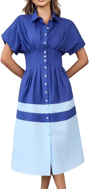 Wenrine Womens Summer Button Down Shirt Dress Casual Color Block V Neck Short Sleeve Corset Maxi Dresses