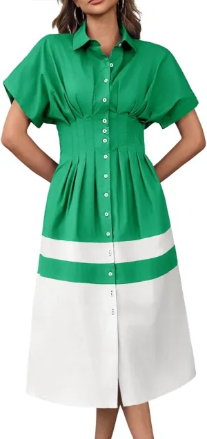 Wenrine Womens Summer Button Down Shirt Dress Casual Color Block V Neck Short Sleeve Corset Maxi Dresses