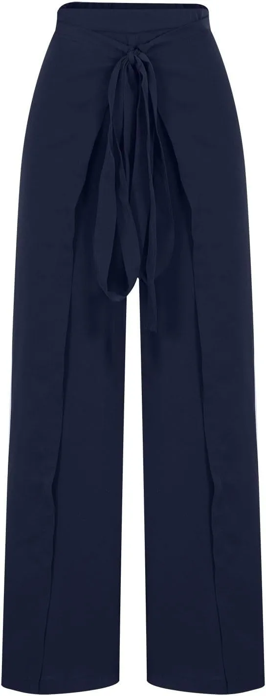Wide Leg Pants for Women High Waist Tie Knot Front Split Flowy Palazzo Pant Dressy Casual Loose Comfy Lounge Trousers