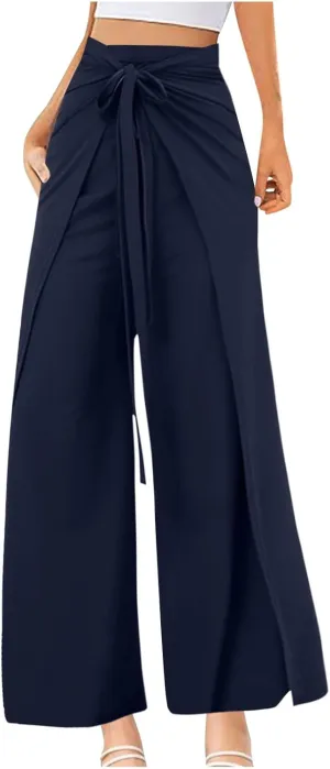 Wide Leg Pants for Women High Waist Tie Knot Front Split Flowy Palazzo Pant Dressy Casual Loose Comfy Lounge Trousers